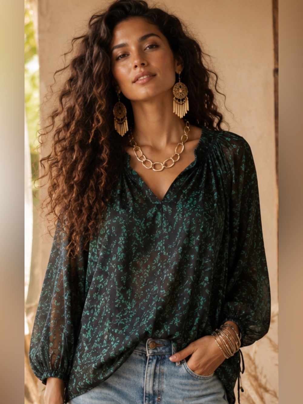Liz Lange Black Sheer Blouse with Teal Floral Print